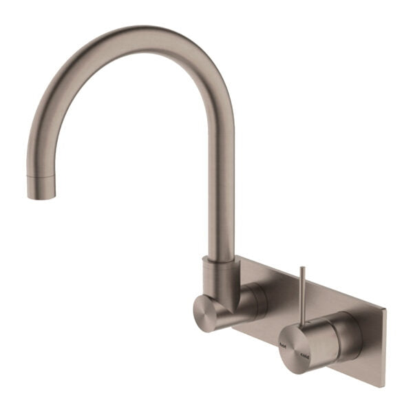 Nero Mecca wall basin/bath mixer with swivel spout, handle up, brushed bronze finish on rectangular backplate