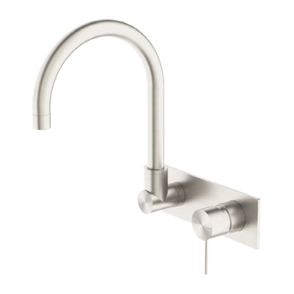 Nero Mecca wall basin/bath mixer with swivel spout in brushed nickel, wall-mounted with single lever and round backplate