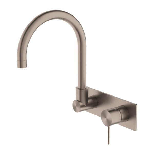 Nero Mecca wall basin/bath mixer with swivel spout in brushed bronze, wall-mounted tap on plate