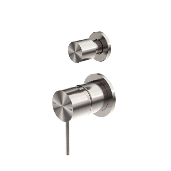 Nero Mecca brushed nickel shower mixer with diverter and separate back plates, modern round wall taps