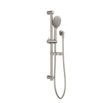 Nero Builder Project rail shower in brushed nickel, wall-mounted with handheld shower and hose on rail layout