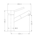 Technical drawing of Nero Dolce basin mixer tap with angled spout, showing chrome finish dimensions and side view.