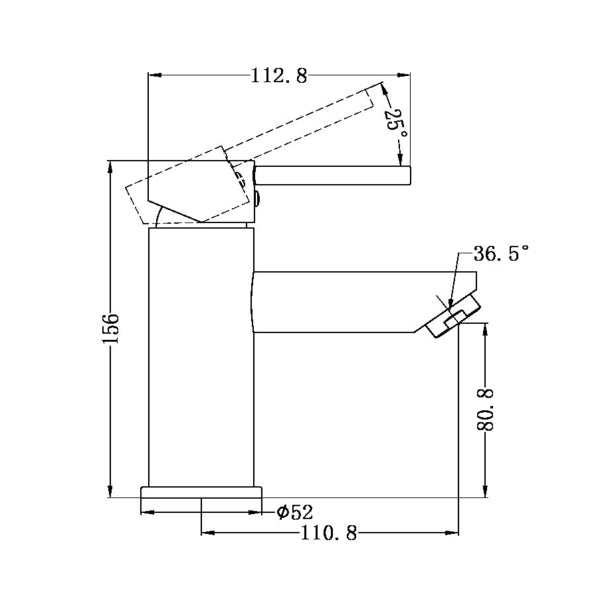 Nero Dolce basin mixer straight spout technical drawing, showing side view and dimensions in black and white