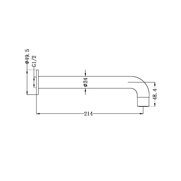 Technical drawing of Nero Dolce basin/bath spout, 214mm straight profile, matte black, side view with dimensions