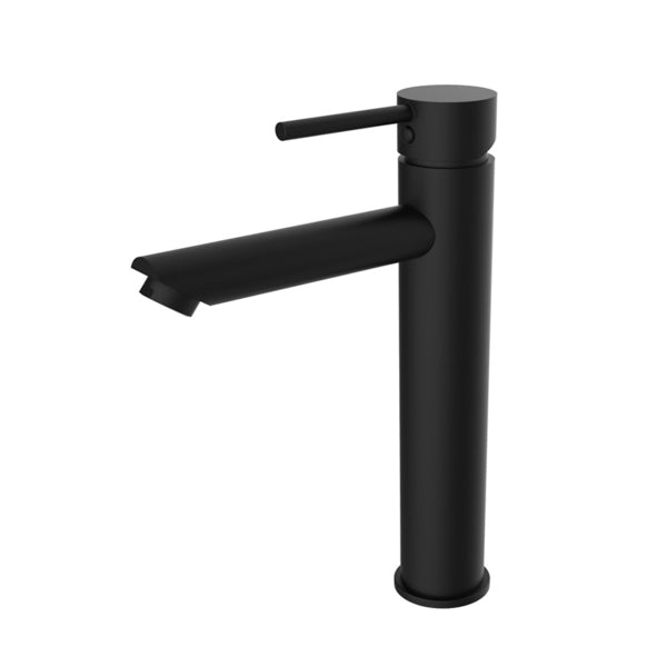 Nero Dolce tall basin mixer in matte black with cylindrical body, straight spout and single lever tap during product shot