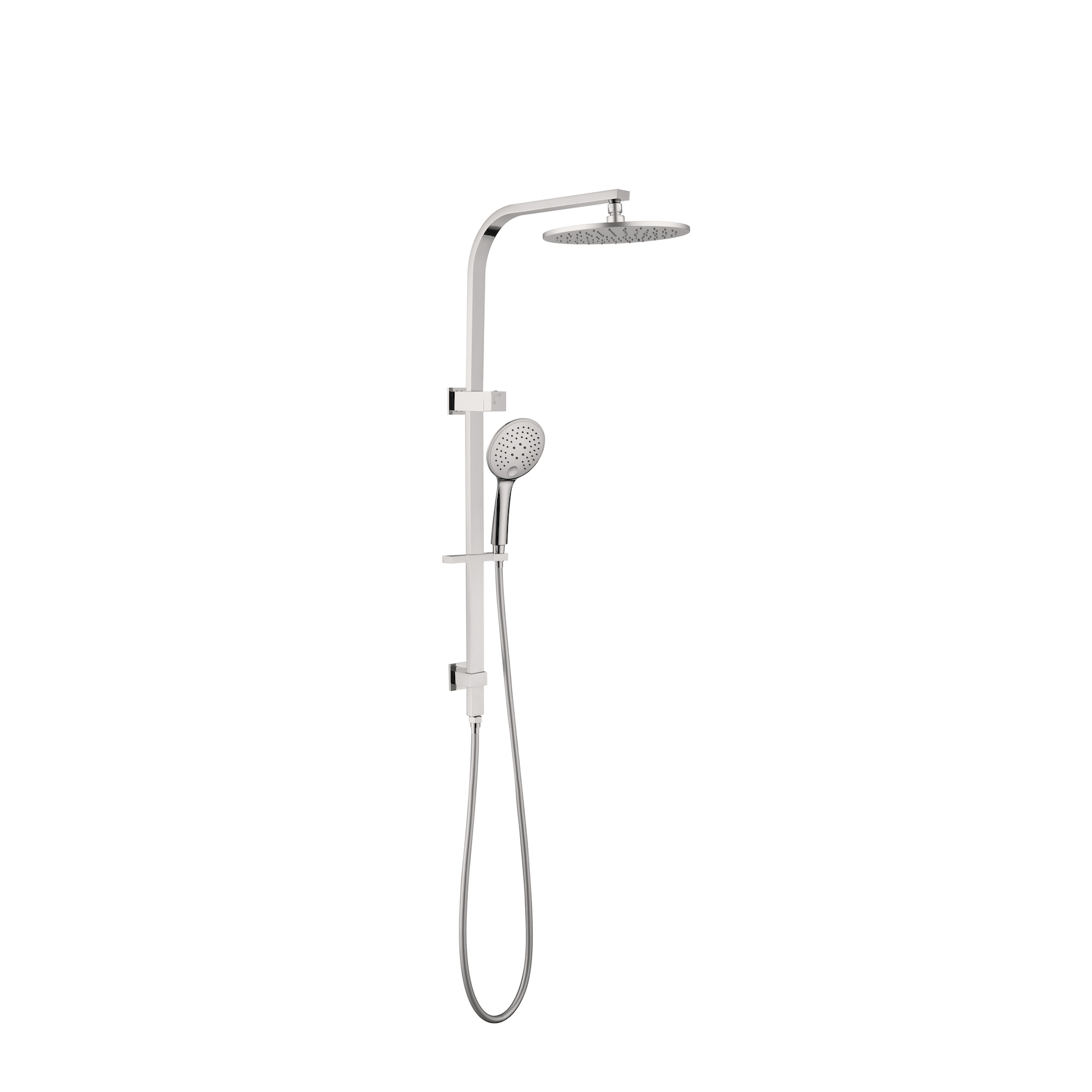 Nero Bianca twin shower in brushed nickel, with round overhead rose, hand shower and hose on wall-mounted rail