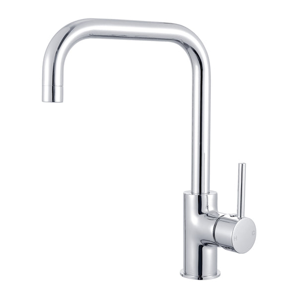 Nero Dolce chrome square kitchen mixer tap with gooseneck spout and side lever, front view