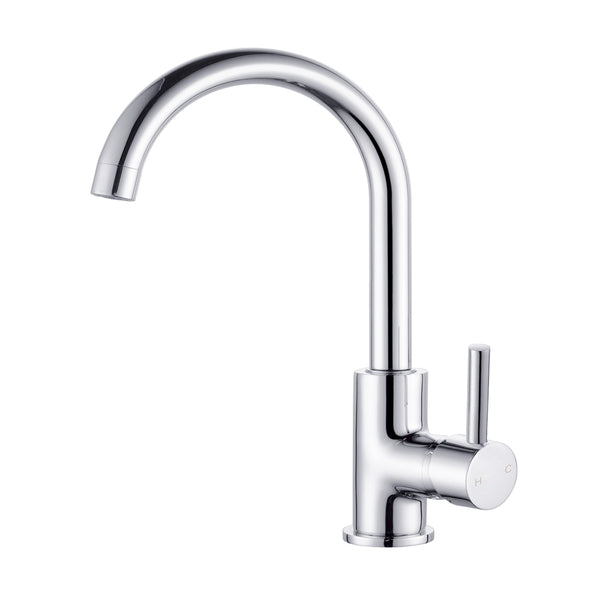 Nero Dolce chrome gooseneck kitchen mixer tap with single lever handle, side view on white background