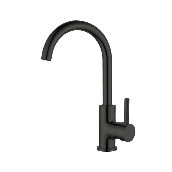 Nero Dolce kitchen mixer tap in matte black, with tall gooseneck spout and single handle, shown on white background