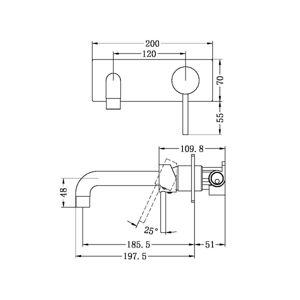 Nero Dolce chrome wall basin/bath mixer technical drawing with dimensions and side view, showing wall-mounted spout and handle