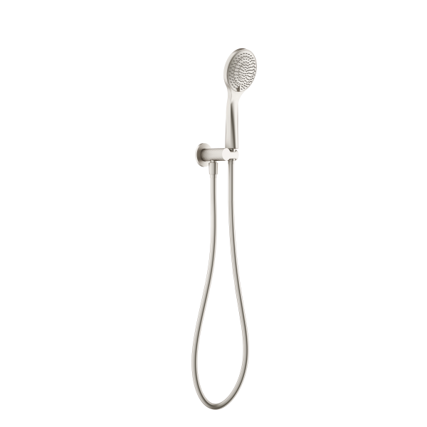 Nero Opal brushed nickel hand shower on wall bracket with hose, shown on white background