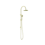 Nero Opal twin rail shower in brushed gold, with overhead rose and hand shower on rail, wall mounted.