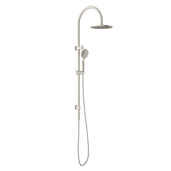 Nero Opal twin rail shower in brushed nickel, with overhead rose and hand shower on wall-mounted rail