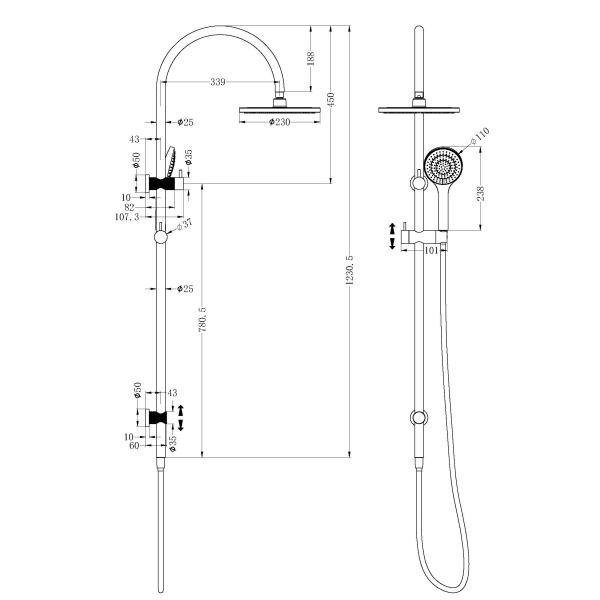 Technical drawing of Nero Opal twin rail shower in brushed gold, showing overhead rose, hand shower and dimensions