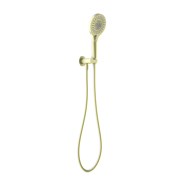 Nero Opal hand shower on wall bracket in brushed gold, with flexible hose and round spray head