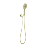 Nero Opal hand shower on wall bracket in brushed gold, with flexible hose and round spray head