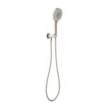 Nero Opal hand shower on bracket with hose, brushed nickel wall-mounted finish on white background
