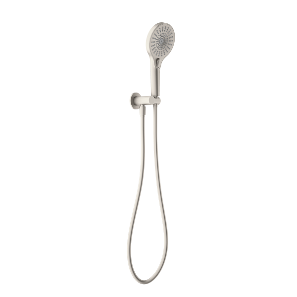Nero Opal hand shower on bracket with hose, brushed nickel wall-mounted finish on white background