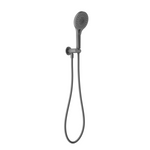 Nero Opal hand shower on wall bracket in graphite, with hose and round spray head on white background