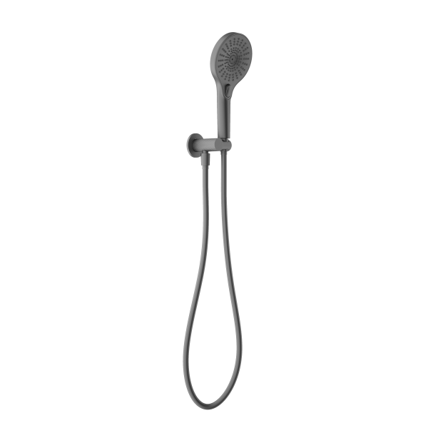 Nero Opal hand shower on wall bracket in graphite, with hose and round spray head on white background