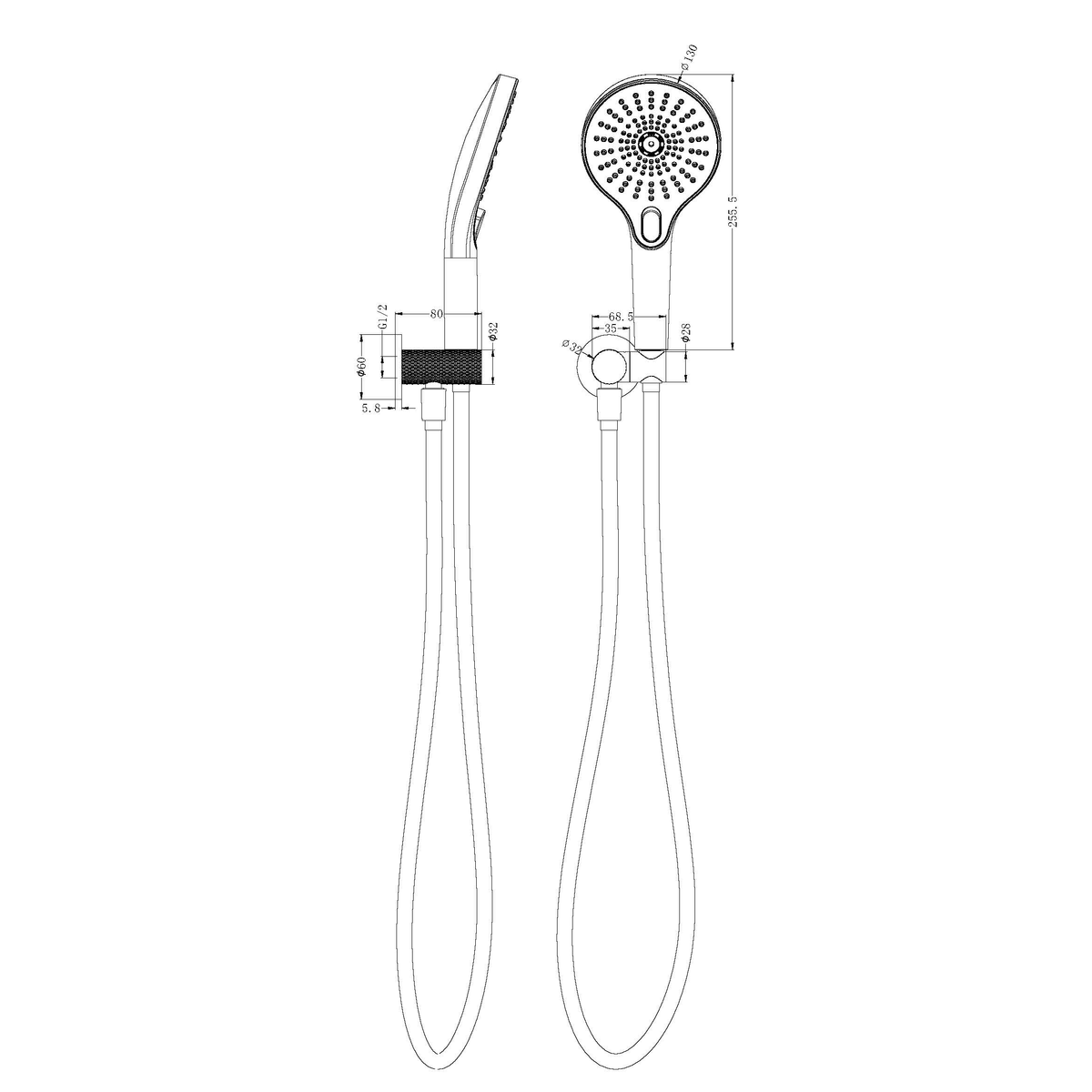 Nero Opal hand shower on wall bracket, graphite finish, with hose and technical dimensions drawing