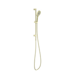 Nero Opal wall-mounted shower rail with hand shower, brushed gold finish, on white background