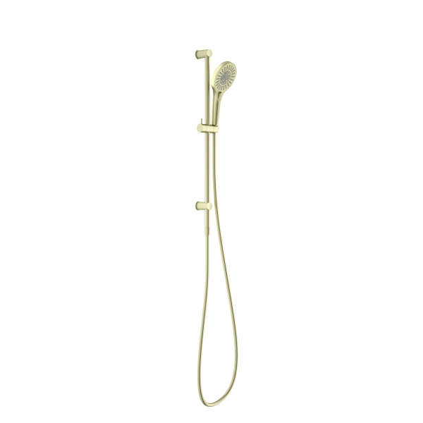Nero Opal wall-mounted shower rail with hand shower, brushed gold finish, on white background