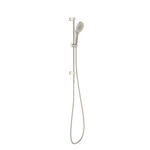 Nero Opal shower rail and hand shower in brushed nickel, wall-mounted with flexible hose, shown on white background