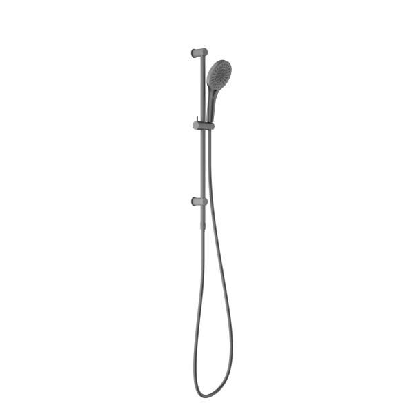Nero Opal shower rail with handheld shower in graphite finish, wall-mounted rail shower on white background
