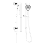 Technical drawing of Nero Opal shower rail in graphite, showing front and side views with hand shower, hose and dimensions