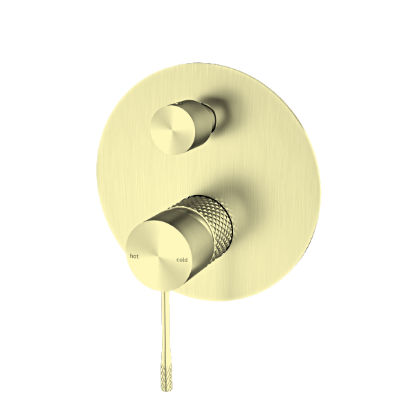 Nero Tapware Opal shower mixer with divertor in brushed gold, round wall plate with two controls and lever handle