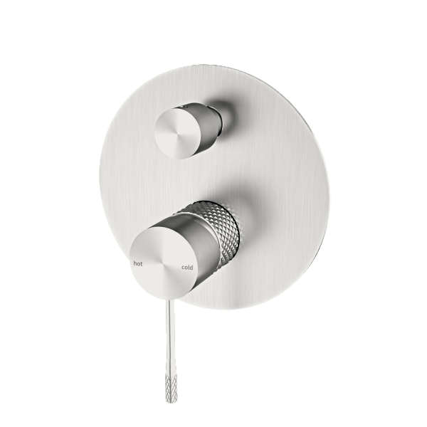 Nero Tapware Opal brushed nickel shower mixer with divertor, round wall plate and two handles on white background