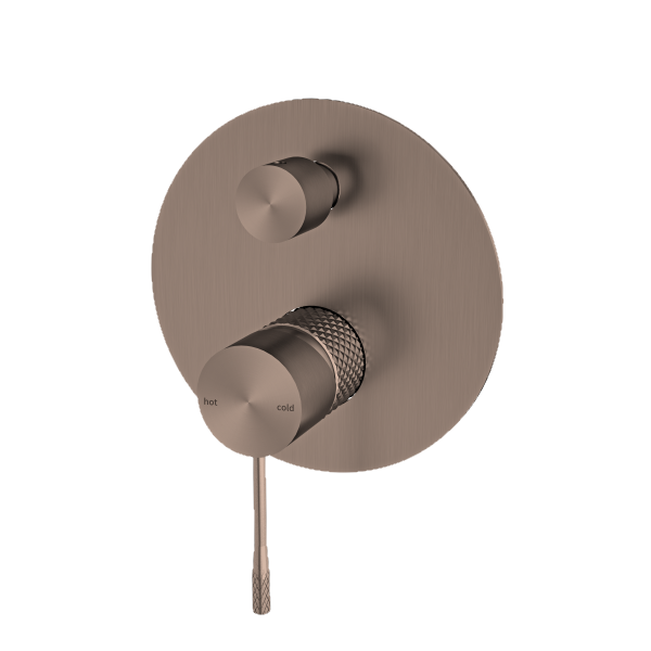 Nero Tapware Opal brushed bronze shower mixer with divertor, round wall plate and dual controls