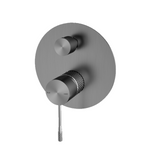 Nero Tapware Opal shower mixer with divertor in gunmetal, round wall plate and two handles, front view