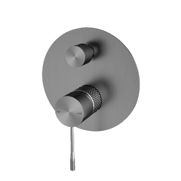 Nero Tapware Opal shower mixer with divertor in gunmetal, round wall plate and two handles, front view
