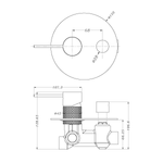 Technical drawing of Nero Tapware Opal shower mixer with divertor, round wall plate, gunmetal finish, front and side views