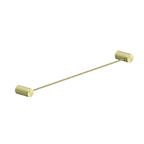 Nero Opal single towel rail 600mm in brushed gold, wall-mounted bathroom accessory with knurled ends on white background
