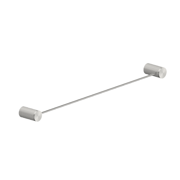 Nero Opal single towel rail 600mm in brushed nickel, wall-mounted with cylindrical end brackets on white background