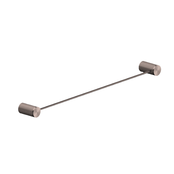 Nero Opal single towel rail, 600mm, brushed bronze finish with round wall mounts on a white background