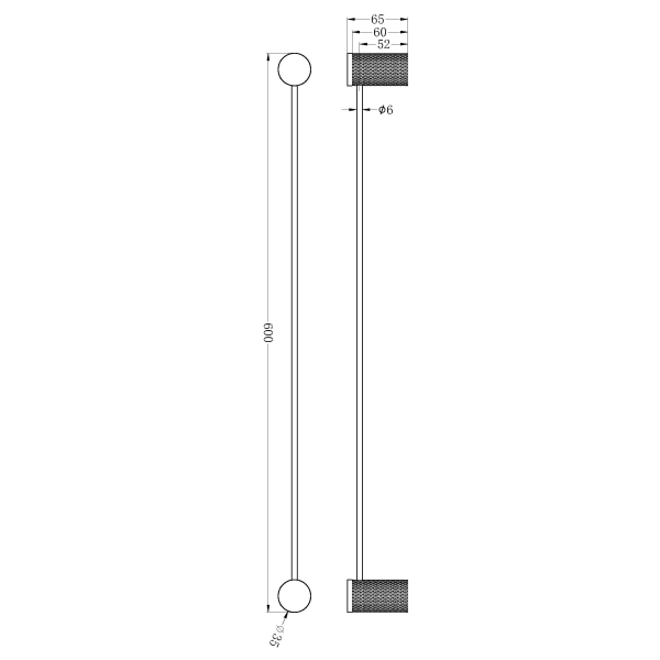 Nero Opal single towel rail 600mm in brushed nickel, technical dimension drawing with wall fixings and measurements