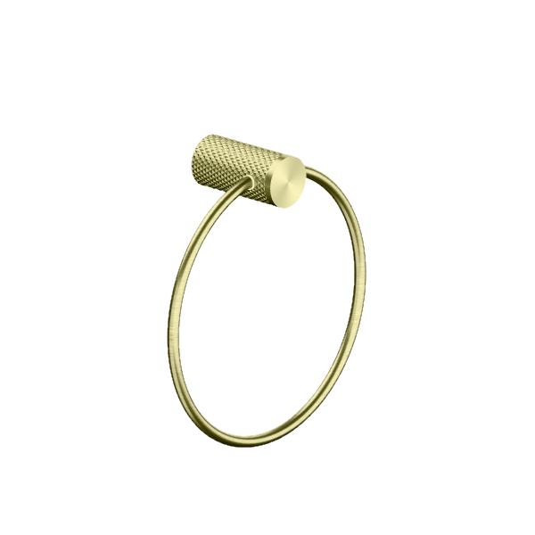 Nero Opal brushed gold towel ring with curved oval ring and knurled wall mount, isolated on white