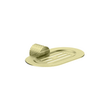 Nero Opal brushed gold soap dish holder with oval tray and ridged wall mount, on white background