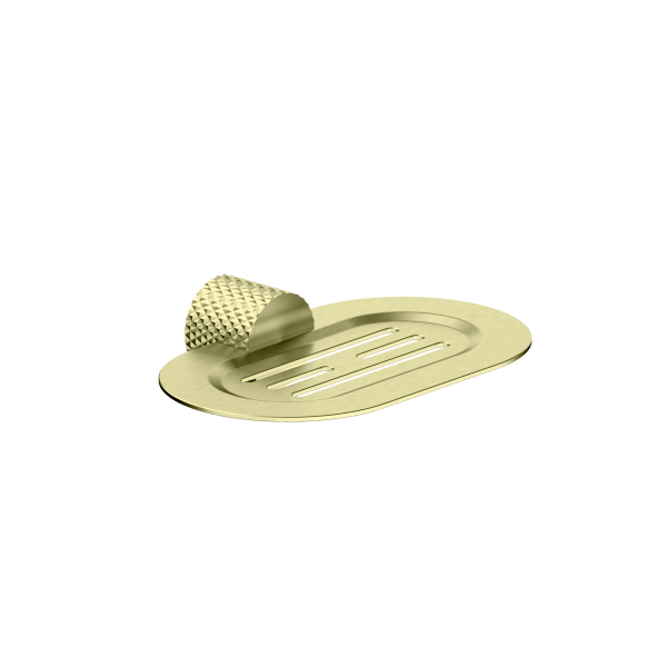 Nero Opal brushed gold soap dish holder with oval tray and ridged wall mount, on white background