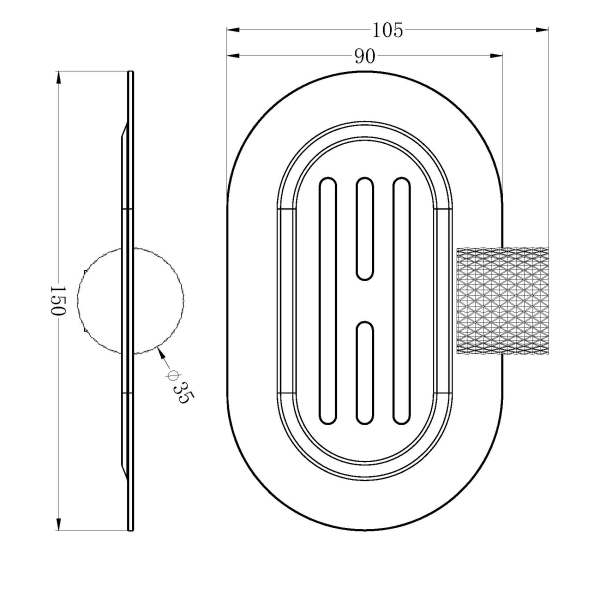 Technical drawing of Nero Opal soap dish holder in graphite, showing oval wall-mounted holder with dimensions 105 x 150 mm