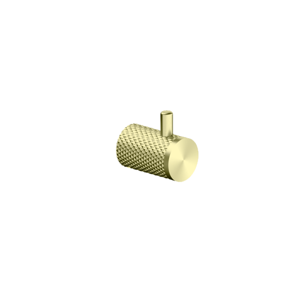 Nero Opal robe hook in brushed gold, cylindrical brass wall hook with textured finish and round end cap