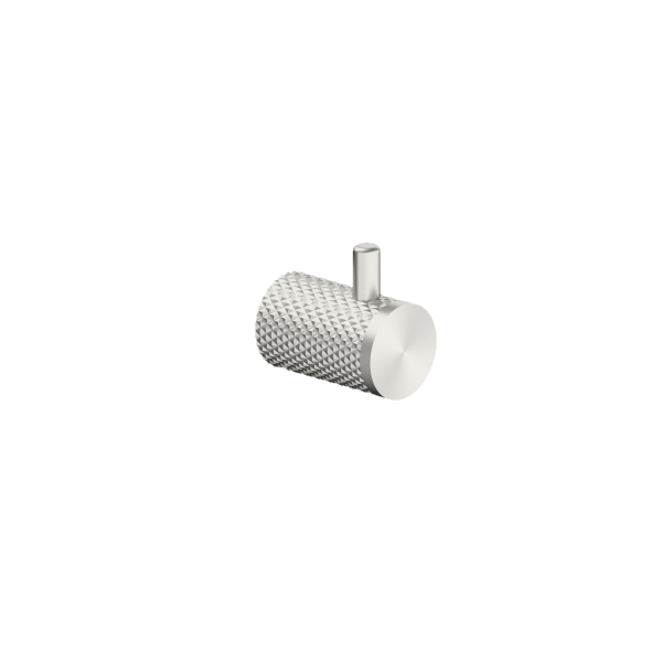 Nero Opal robe hook in brushed nickel, cylindrical wall hook on white background