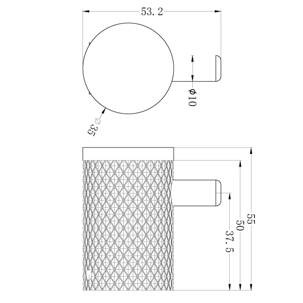 Nero Opal robe hook brushed bronze, technical drawing with dimensions and side view