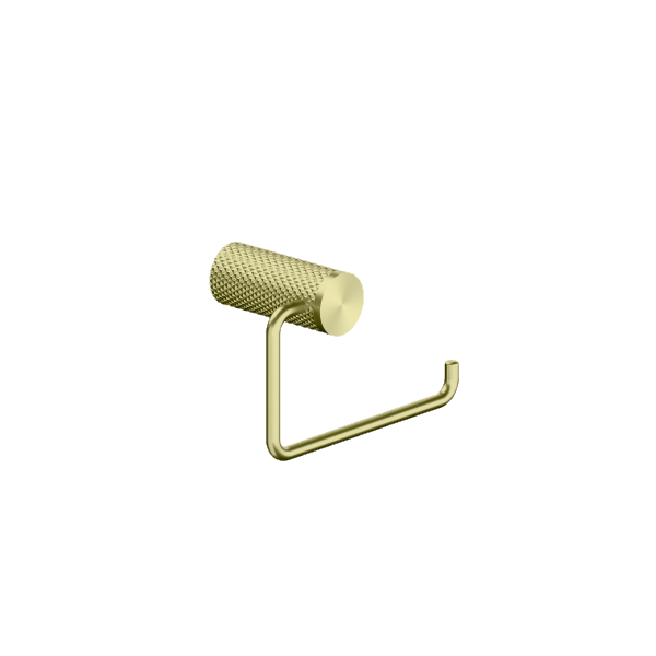 Nero Opal toilet roll holder in brushed gold with curved brass arm and textured cylindrical mount on white background