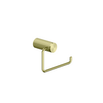 Nero Opal toilet roll holder in brushed gold with curved brass arm and textured cylindrical mount on white background