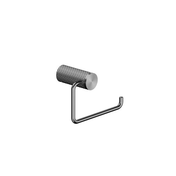 Nero Opal graphite toilet roll holder with curved brass arm and knurled wall mount on white background